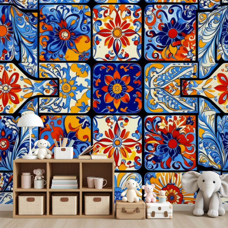 Papier peint auto-adhésif à carreaux de céramique talavera mexicain Ornement folklorique italien H 69 po x l 96 po Papier mural amovible en PVC auto-adhésif pour chambre à coucher, bureau à domicile