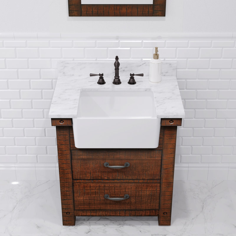 Paisley 30 In. Single Sink Carrara White Marble Countertop Vanity In Rustic Sienna With Mirror, Rostic Sienna