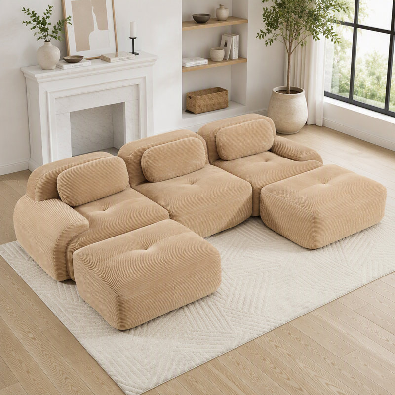 Canapé modulaire en forme de U avec tissu en velours côtelé de qualité supérieure, sans assemblage, conception antidérapante, accoudoirs courbés extra-larges pour animaux de compagnie, éponge à haute résilience 32D, chameau