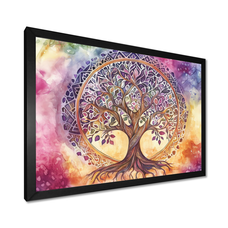 Mandala Arbre de Vie Violet et Jaune I - Tableau encadré, H 34 po x l 44 po, Cadre photo noir