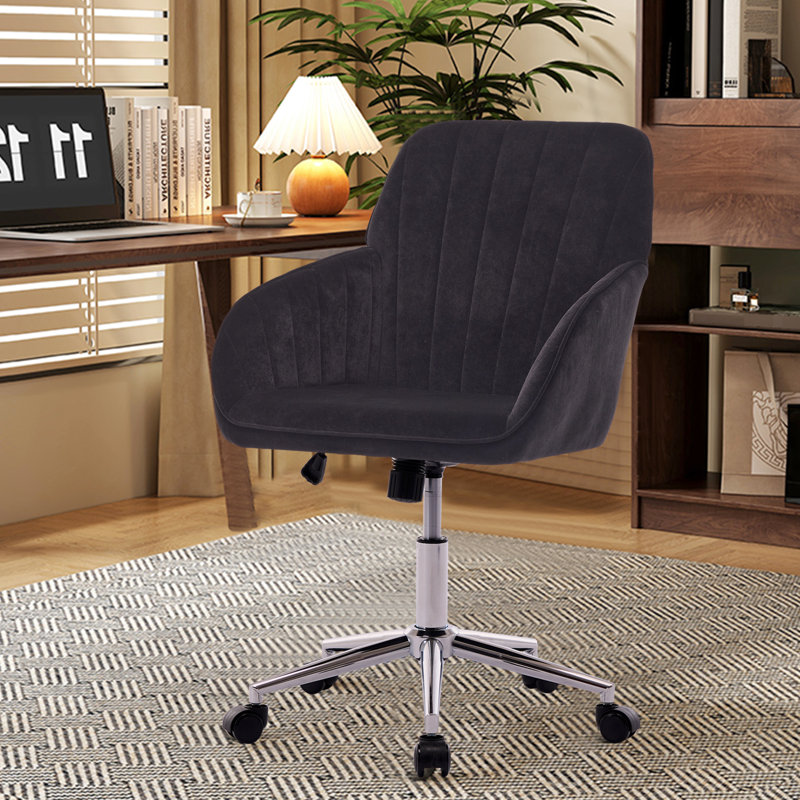 Chaise de travail ergonomique Home Base - base en métal, siège en velours doux, dossier en relief, coussin pivotant noir confortable pour bureau,