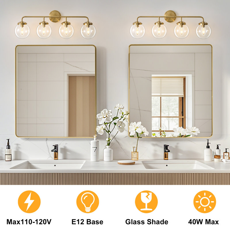 Airabelle Bathroom Vanity Lighting With Clear Shades Dimmable Bathroom Light Fixtures, Gold, 4