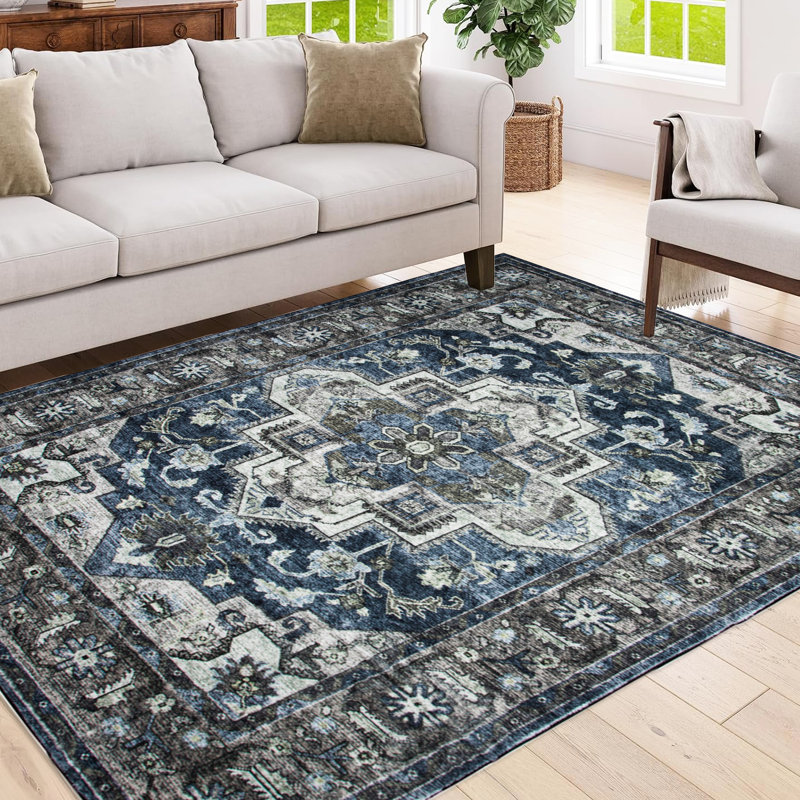 5X7 Area Rug, Vintage Design, Washable, Blue/Brown Floral For Hearth Bedroom Washable , Non-Slip, Kitchen Family Room