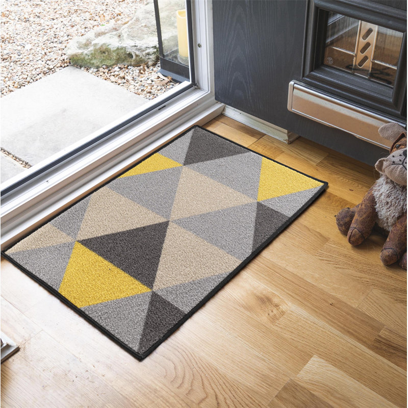 Yeprad Non-Slip Geometric Indoor Doormat, Rectangle 80 x 150cm, Grey/Yellow/Beige