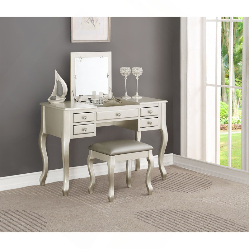 Ensemble de meuble-lavabo classique avec tabouret et tiroirs de couleur argenté