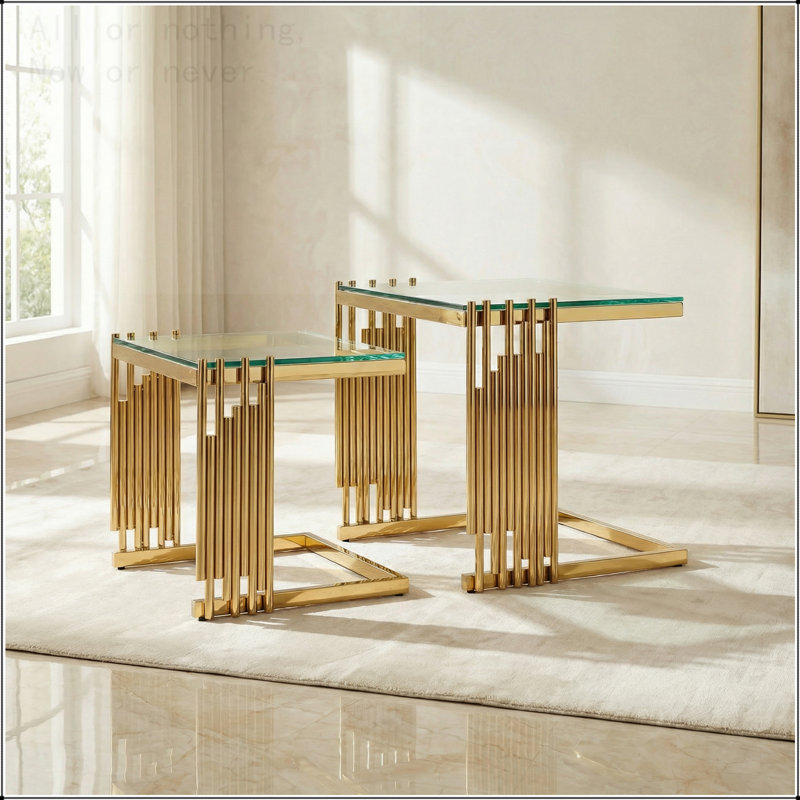 Ensemble de 2 tables basses gigognes avec verre trempé et cadre doré