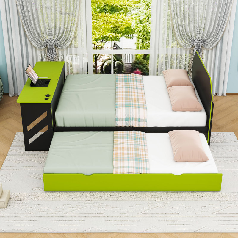 Wood Daybed with Trundle,Desk and USB, Green