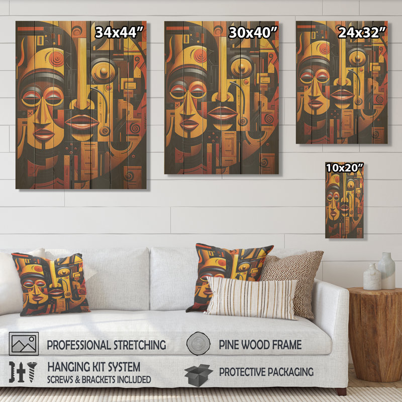 Yellow Ancestral Marks IV - Masque africain sur bois, H 32 po x l 24 po
