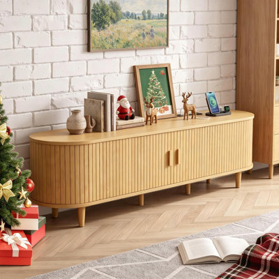 70" Mid-Century Modern TV Stand with Sliding Tambour Doors & Built-in Outlets, Japandi Natural Oak Media Console for TVs up to 75"