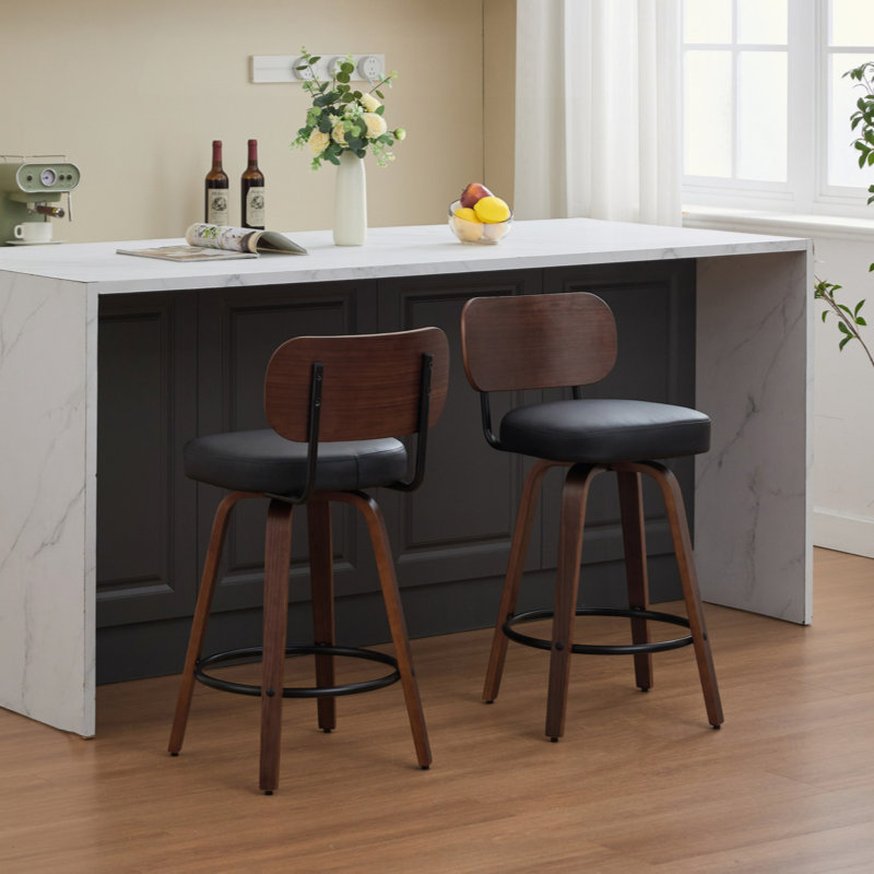 Set of 2 Mid Century Modern Swivel Bar Stools,  Upholstered Faux Leather Counter Height Barstools with Walnut Back & Bentwood Legs for Kitchen Island