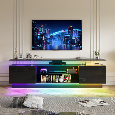 Modern 70" Media Cabinet Fits Televisions Up To 80", RGB LED Ambient Lights, Built-In Charging Hub & Spacious Storage Compartments