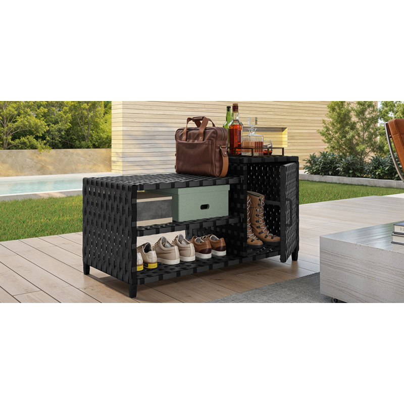 Outdoor Wicker Rattan Storage Bench With Shelves & Cabinet