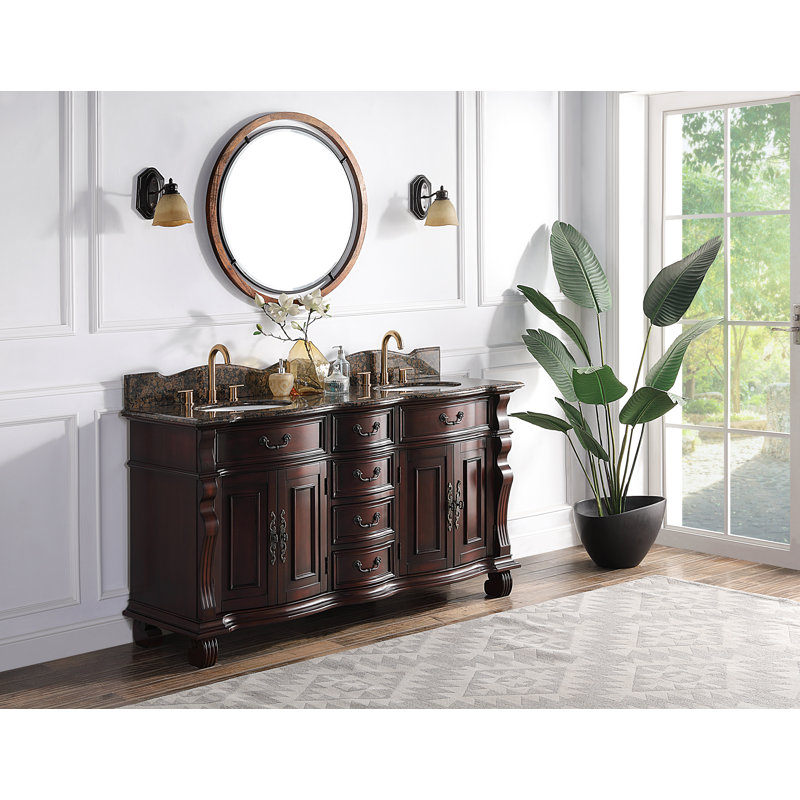 Benton Collection 64 Inch Traditional Freestanding Cherry Wood Hopkinton Bathroom Vanity, Double Sink, Baltic Brown Granite Top, Fully Assembled