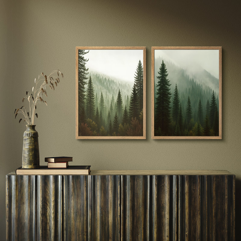 Ensemble de 2 reproductions d'art mural Misty Pine Forest, H 14 po x l 22 po, Naturel