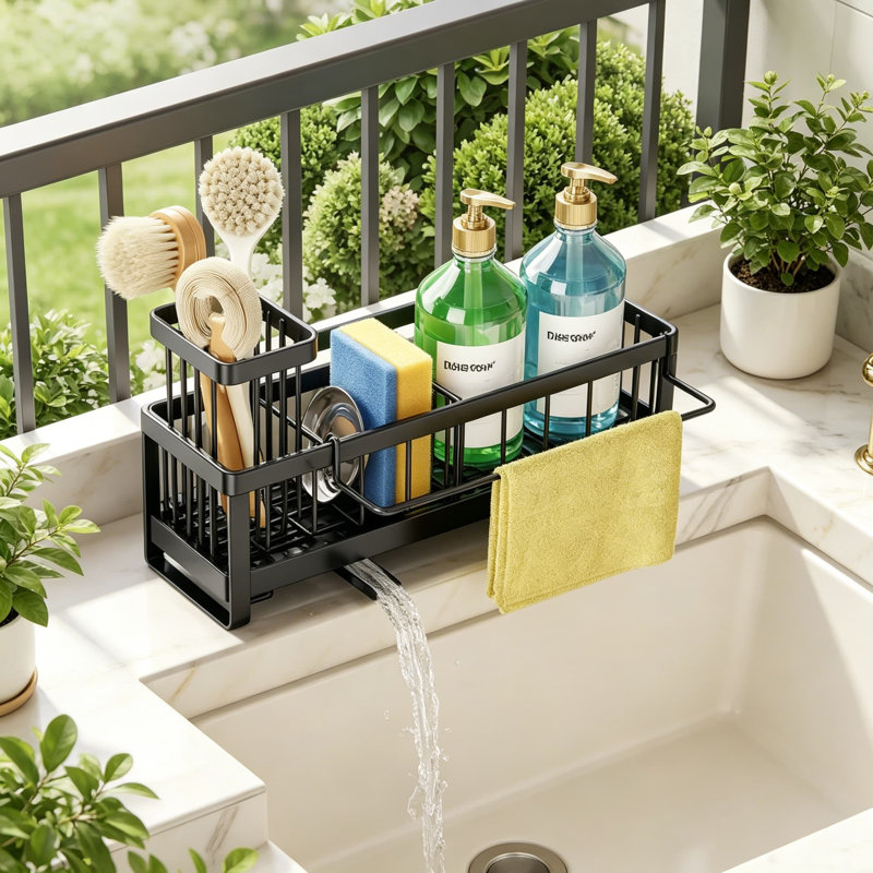 Porte-éponge pour évier de cuisine - Porte-évier à vidange automatique avec barre à serviettes amovible, porte-brosse et rangement divisé, organisateur de cuisine en acier inoxydable 304 pour comptoir, grand