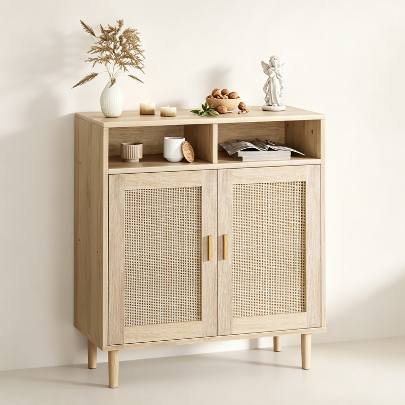 Buffet Modern Rattan - Buffet 63 po à 4 portes avec tablette réglable - Rangement polyvalent pour la cuisine, la salle à manger, le salon et le bar
