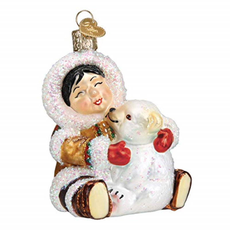 Hand-Painted Glass Inuit and Dog Christmas Ornament