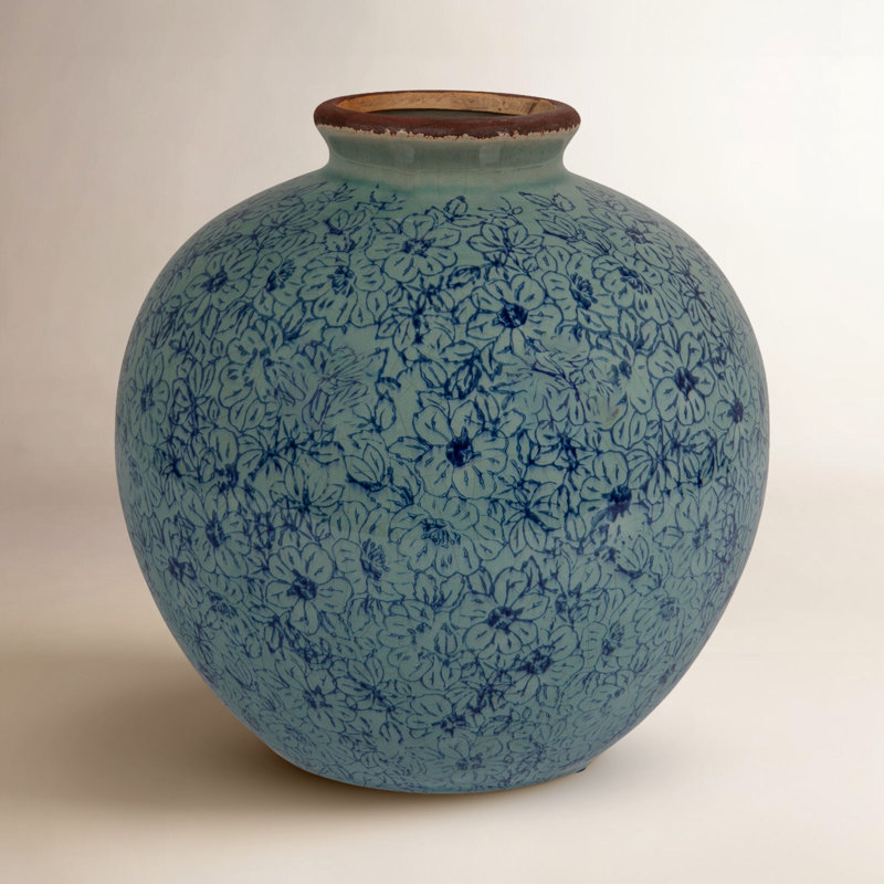 Dolohov Round Decorative Terra-cotta Vase with Transferware Pattern, Blue