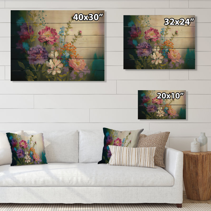 «Painted Blossoming Wildflowers III - Bouquet floral», reproduction de bois crème, H 30 po x l 40 po x P 1,5 po