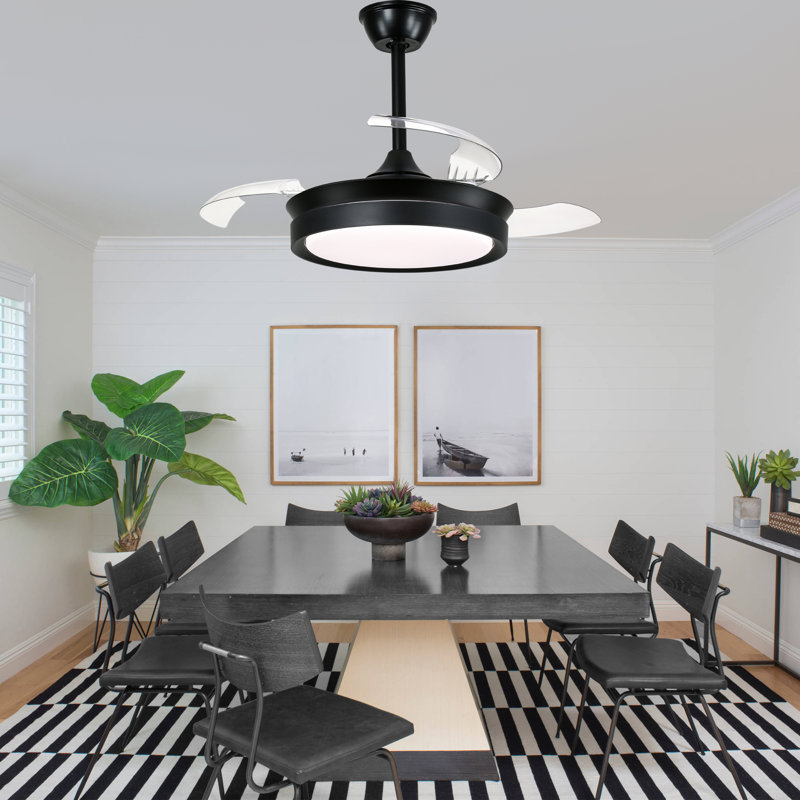 Ventilateur de plafond rétractable à DEL intégré 36 po Gerede, Noir avec pales noires