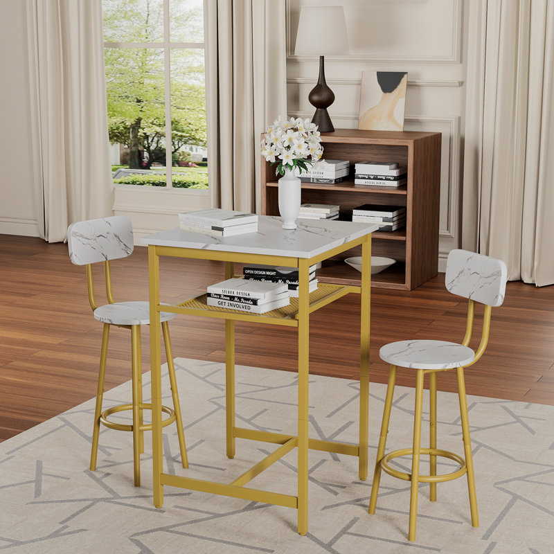 Table de bar, équipée de 2 tabourets de bar, Blanc, Doré, Blanc / Doré