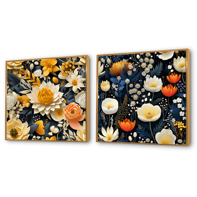 Palermo - Ensemble de 2 collages floraux carrés, Cadre flottant doré, H 30 po x l 61 po