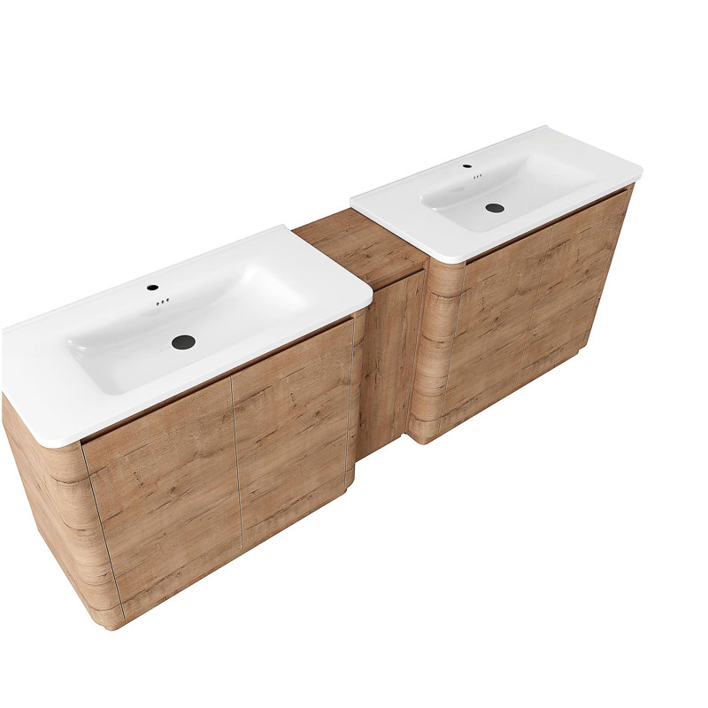 Meuble-lavabo autoportant de 92 po avec lavabo en céramique blanche et 1 petite armoire de rangement, porte à fermeture en douceur, chêne imitation, emballage KD, contreplaqué