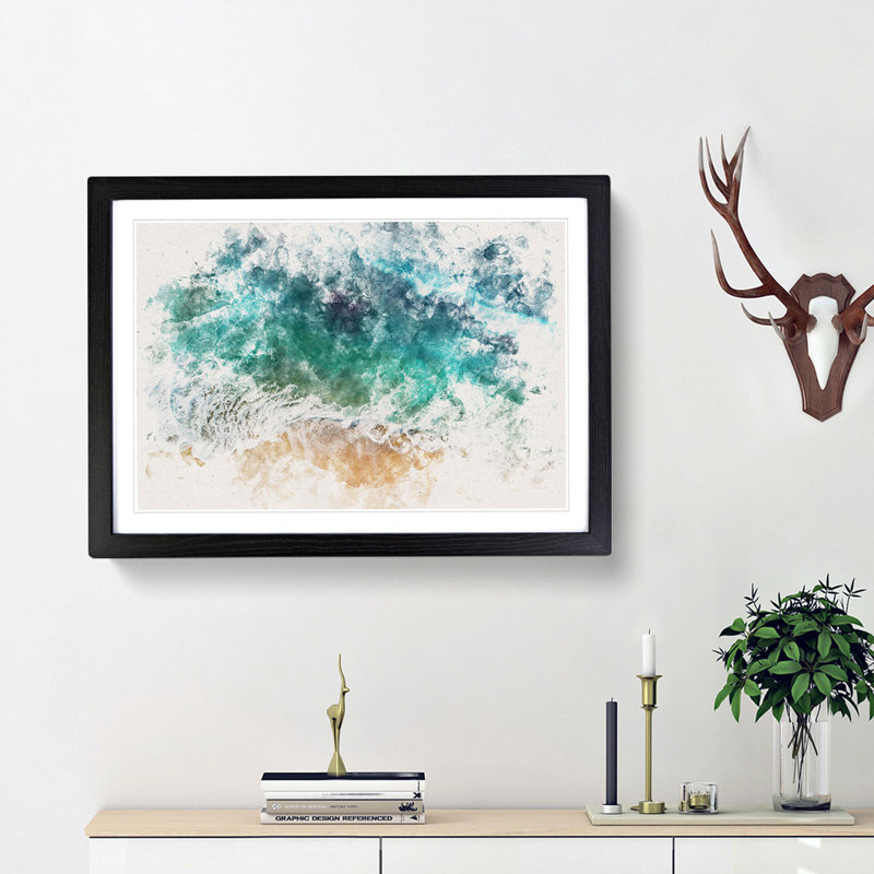 Beach in Honolulu Hawaii Watercolour - Picture Frame Graphic Art Print, 40cm H x 60cm W x 2cm D, Black Framed
