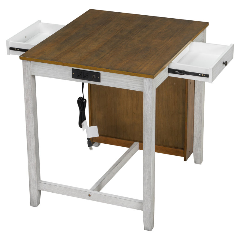 Ensemble de table de bar de 36 po de hauteur avec prise de courant, table basse industrielle avec 2 tabourets rembourrés, ensemble de 3 tables de bar et chaises pour le salon, la salle à manger, brun