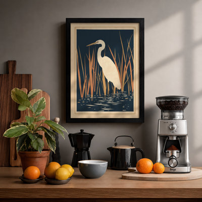 Heron in Reeds Japandi - Framed Print