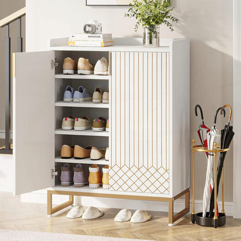 Range-chaussures avec portes Unité de rangement moderne à 5 niveaux, Noyer / doré