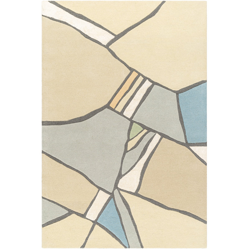 Abstract Hand Tufted Wool Area Rug in Gray/Beige/Blue, Rectangle 2' x 3'