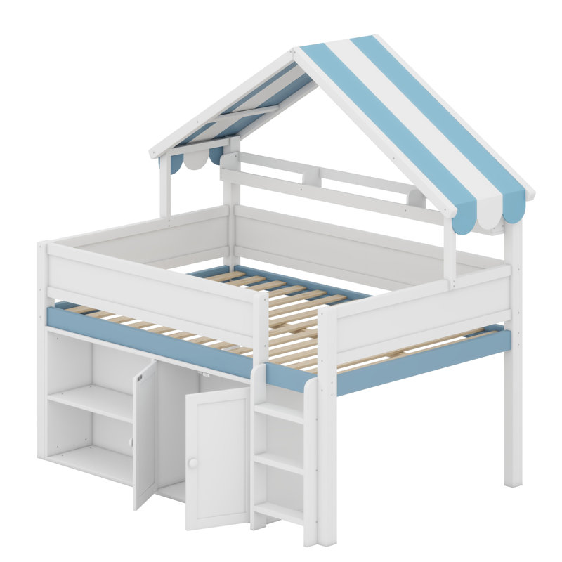Lit mezzanine multifonctionnel avec toit à baldaquin et armoire de rangement, Blanc et bleu