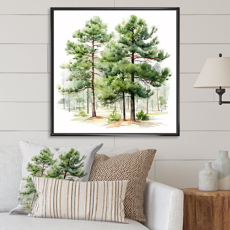 Aquarelle, pin vert, forêt, art mural, H 16 po x l 16 po, Noir