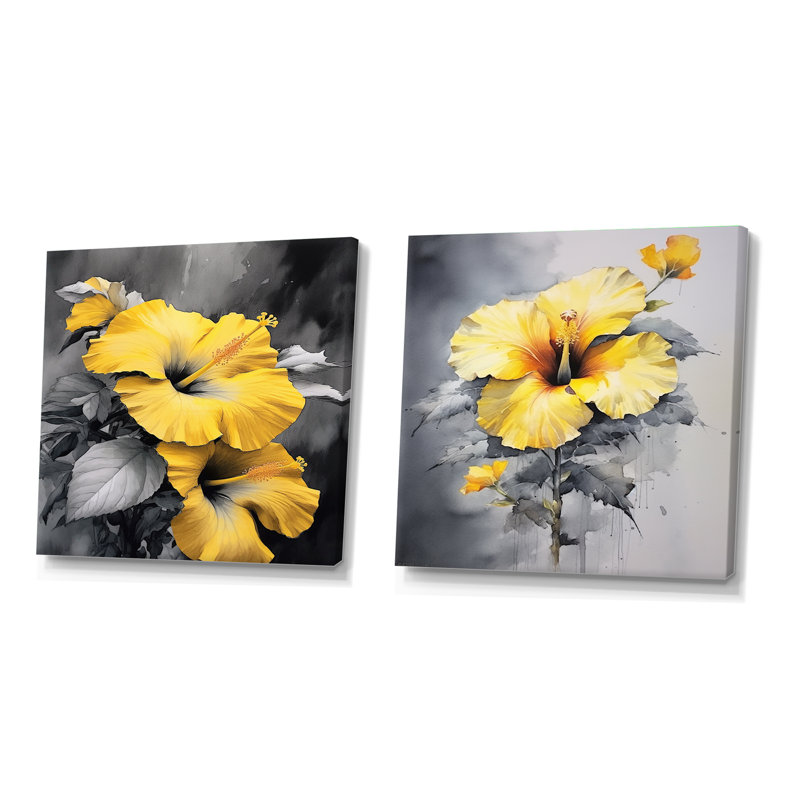 Jaune et gris Hibiscus Serenade - ensemble de 2 collages carrés d'hibiscus, Toile tendue, H 36 po x l 73 po