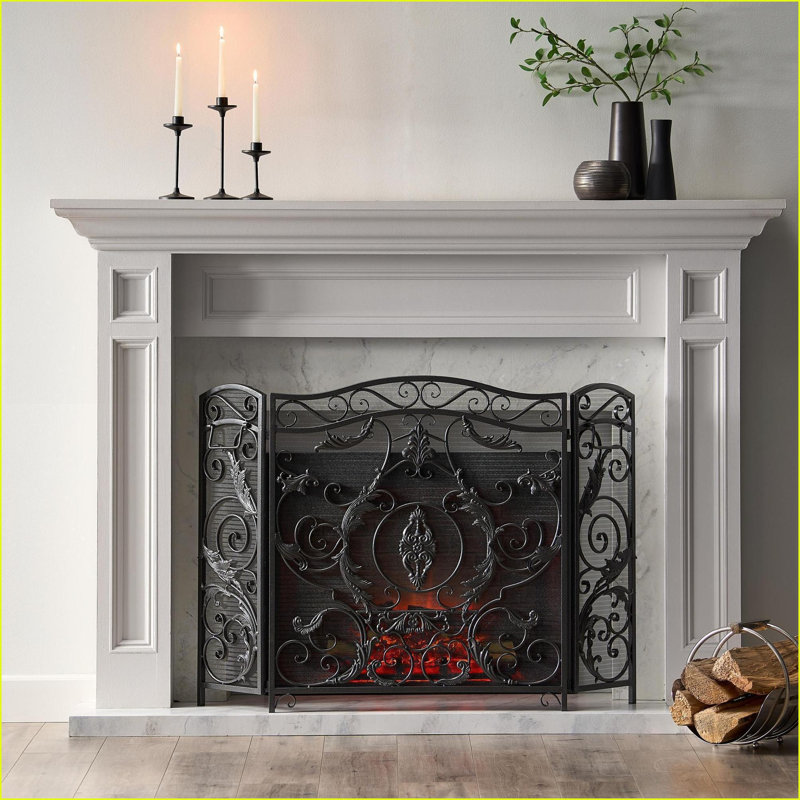 Fireplace Screen, Traditional 3-Panel Foldable Iron, Black Brushed Silver | 53” W x 36” H | Black+Silver | Iron