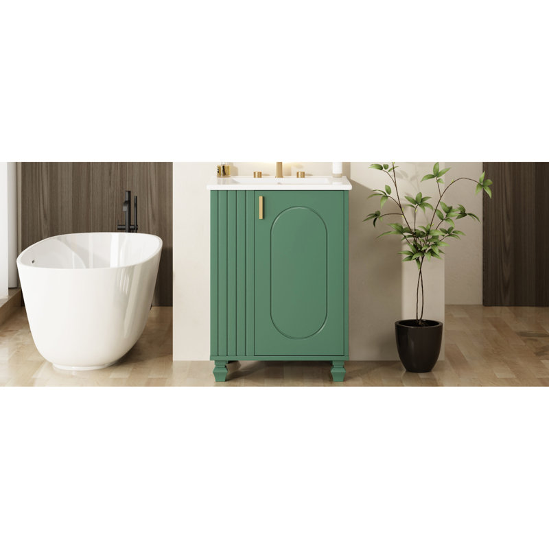 Meuble-lavabo classique de 24 po avec lavabo, poignées en métal, rangement latéral ouvert, 2 tablettes, assemblage facile, structure en céramique de conception autoportante, compartiments, porte, finition peinte,