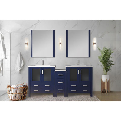 72 po Meuble-lavabo double bleu marine avec armoires latérales, robinet, comptoir en céramique blanche, 28 miroirs et une surface conçue pour résister aux égratignures