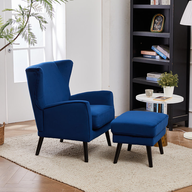 Upholstered Wingback Chair with Footstool, Blue Velvet