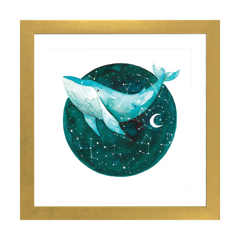 Baleine cosmique I - impression, H 24 po x l 24 po x p 1 po, Papier encadré doré, Blanc