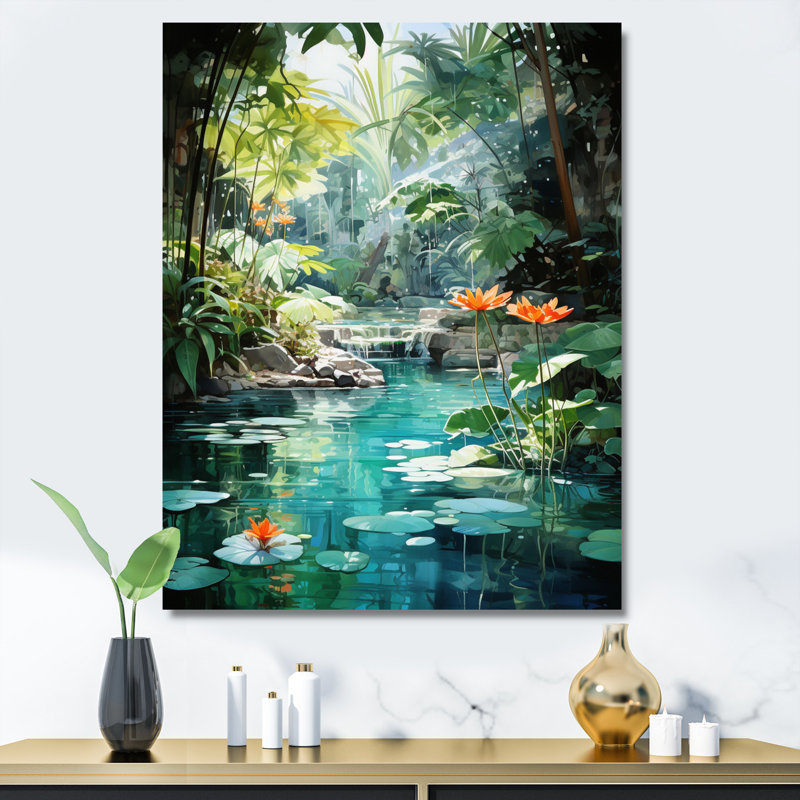 Beant Emerald Oasis A Lush Green Landscape - Forest River Mountains, art mural encadré, H 32 po x l 24 po x P 1 po