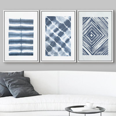 Geometric Line Blue Line Art And Diamond Illusion Collage Abstract Patterns Modern Art Mid-Century Modern On Canvas 3 Pieces Print