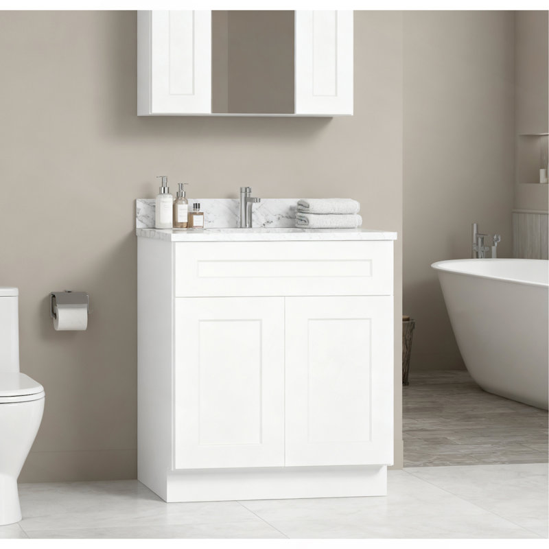 Armoire de base Shaker en bois massif avec 2 portes à fermeture douce et 1 tablette intérieure réglable pour le rangement de la cuisine, de la buanderie et de la salle de bain, prête à assembler (l 30 po x H 34,5 po x P 24 po) (une seule pièce)