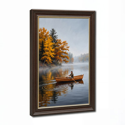 Man Rowing Wooden Canoe on Misty Lake with Golden Autumn Canvas Wall Art