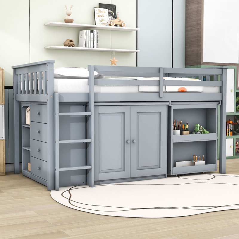 Lit mezzanine simple 4 tiroirs en bois avec armoires, bureau coulissant et barrières de sécurité, gris