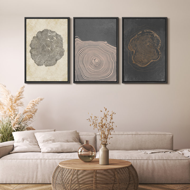 Pastel Gray Wood Tree Ring Neutral Minimalist Pictures Framed Canvas 3 Pieces Set Print Wall Art, Black Framed