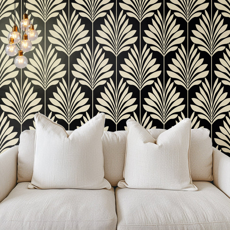 Black Art Deco Palm Leaf Wallpaper