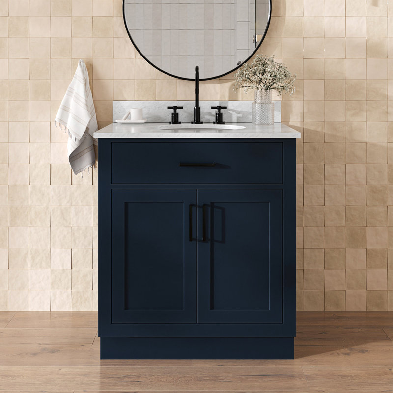Jameal 30'' Solid Wood Single Bathroom Vanity with 0.75'' Carrara Marble Top, Midnight Blue, Oval