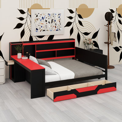Modern Bed Frame with Built-in Charging Station and Storage Drawers