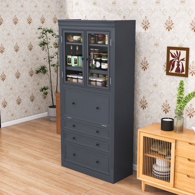 Armoire de cuisine Farmhouse avec tablettes réglables, prise de courant, portes en verre et 3 tiroirs